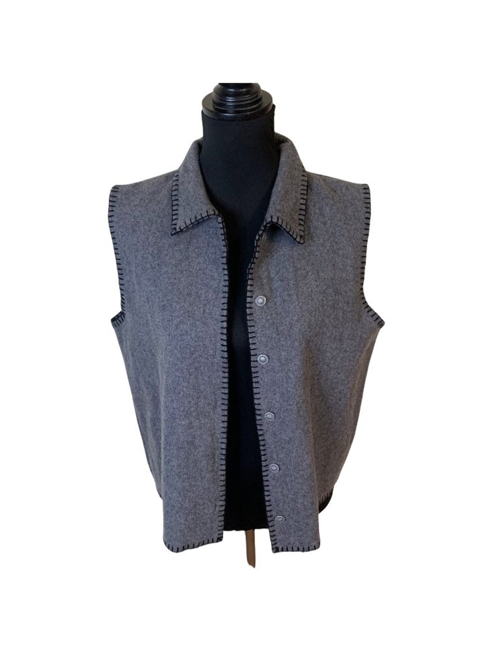 Vtg Womens Gray Wool Blend Vest Button Up Black Whipstitch Large St Johns Bay
